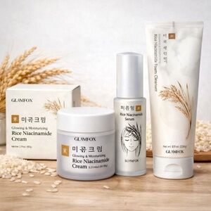 New 3pc GLAMFOX Rice Niacinamide Cleanser Serum Cream Korean K-Beauty Skincare